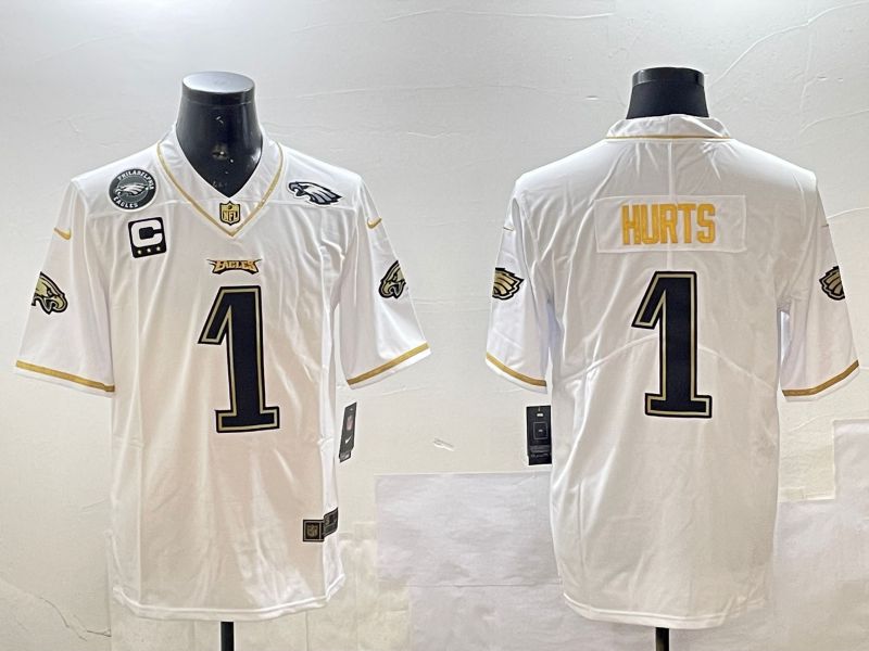 Men Philadelphia Eagles #1 Hurts White gold Throwback 2025 Nike Vapor Limited NFL Jersey style 5->philadelphia eagles->NFL Jersey